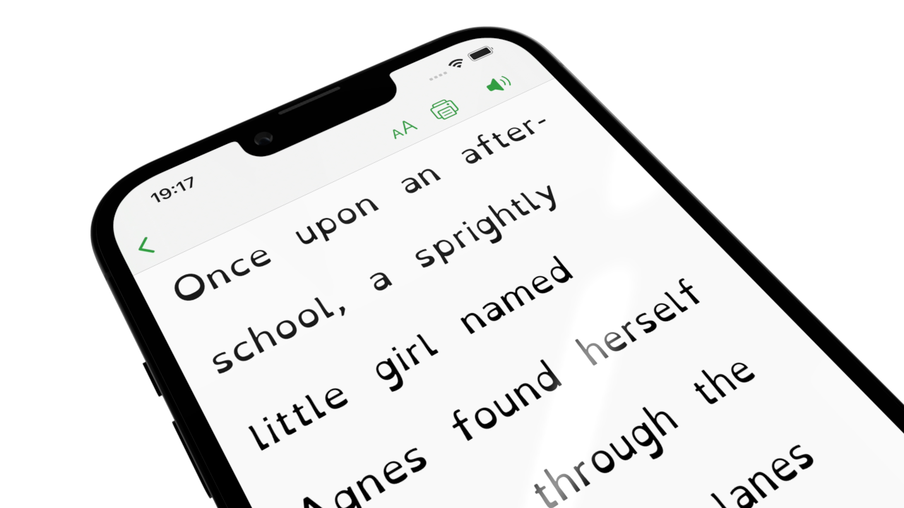 Leksa app interface showing dyslexia-friendly text with word highlighting